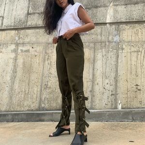 Olive Green Satin Buckle Pants